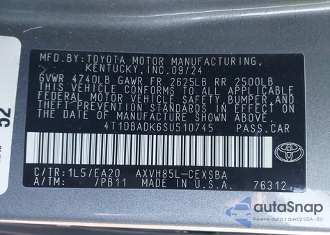 2025 Toyota Camry Se из США, поврежденный, VIN 4T1DBADK6SU510745